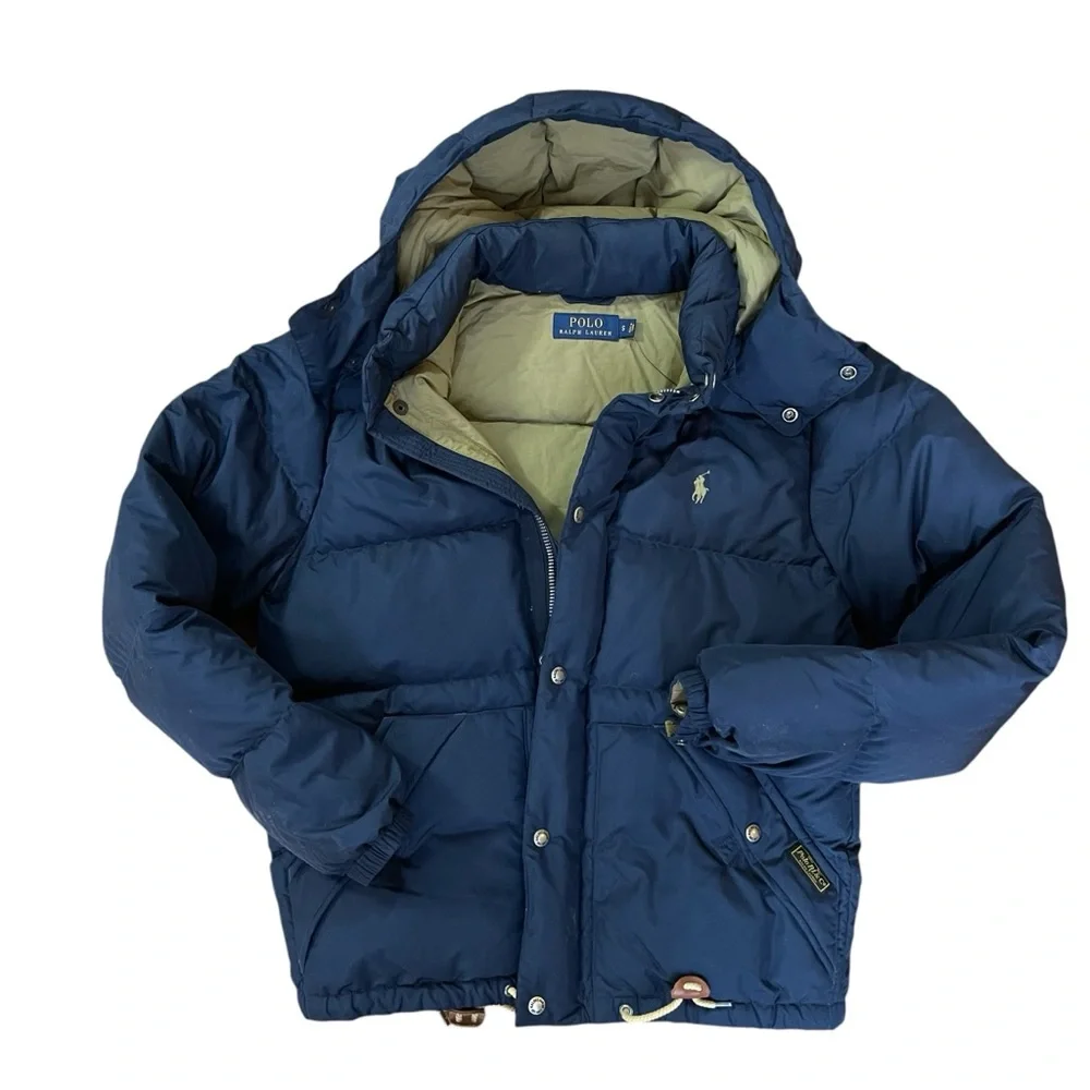 Polo Ralph Lauren Navy Goose Down Puffer Jacket Hooded Leather Toggle Coat Men’s